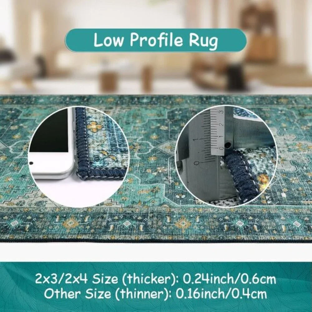 New 3x5 Vintage Washable Rug, Ultra-Thin Non-Slip Boho Medallion Carpet in Teal